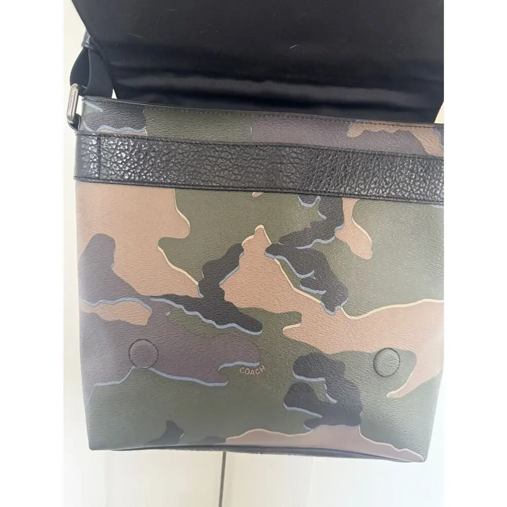 Coach Men's Black & Camouflage PVC Leather Crossbody Messenger Bag Flap Closure